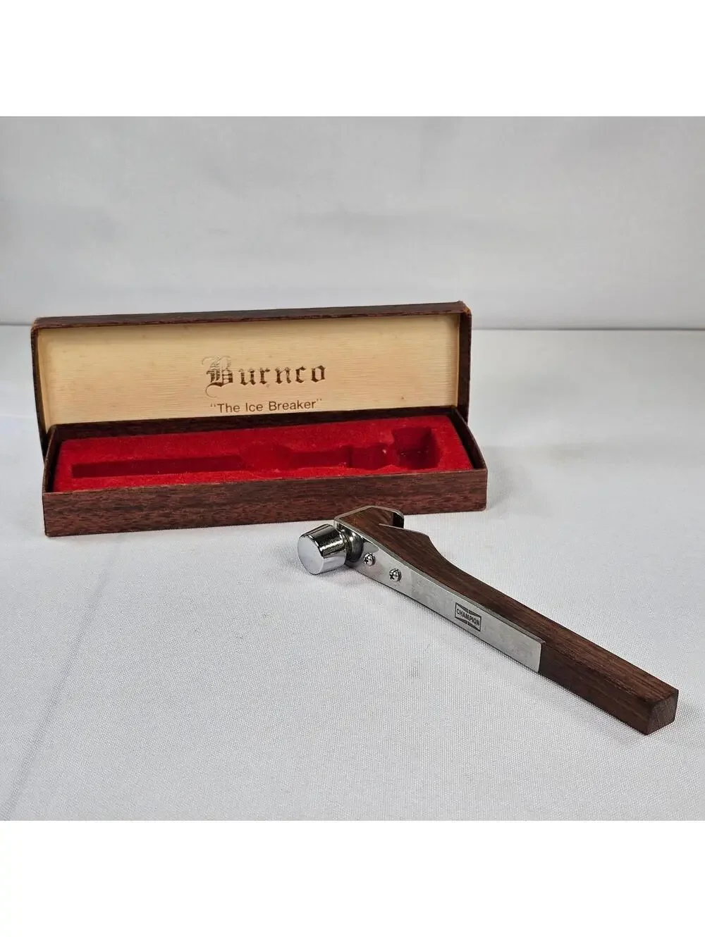 Vintage Burnco The Ice Breaker Bar Tool Wood Chrome Hammer Bottle Opener Boxed